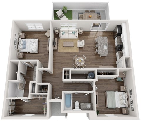Floor plan for 2 beds, 2 baths, 1243 sqft
